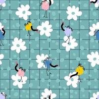 Seamless pattern with cranes on grid background with flowers and drops.