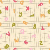 Groovy seamless pattern with english letters on grid distorted background. vector