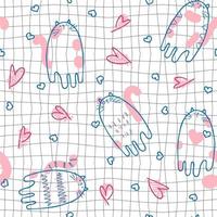 Romantic seamless pattern with cats and hearts on grid distorted background.