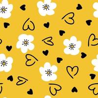 Summer simple retro seamless pattern with flowers and hearts. vector