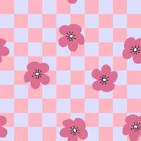 Retro seamless pattern with flowers on checkered background. vector