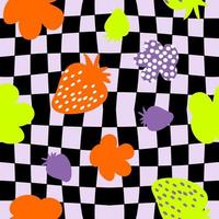 Psychedelic seamless pattern with strawberries and spotted flowers on trippy grid. vector