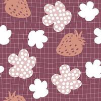 Strawberries and spotted flowers seamless pattern in 1970s style. vector