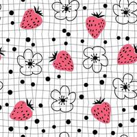 Doodle strawberries and flowers seamless pattern on grid distorted background. vector