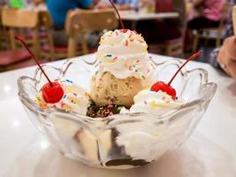 Ice cream scoops with cherry photo