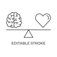 Brain and heart balance on scales concept. The struggle of emotions and rational thinking. Vector illustration. Editable stroke linear icon.