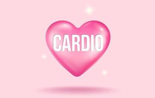 ilustración vectorial de un corazón rosa y texto de cardio en estilo realista. corazón rosa vectorial en estilo 3d vector