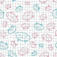 Doodle cats faces seamless pattern on grid distorted background. vector