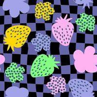 Psychedelic seamless pattern with strawberries and spotted flowers. vector