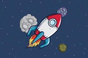 spaceship with asteroid and planet. Hand drawn space object vector