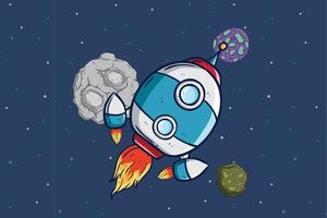 cute space rocket with asteroid or planet vector