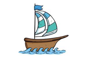 cute wooden boat with hand drawn or doodle style vector