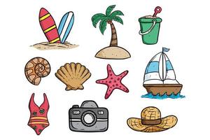 Set of summer icons or elements with doodle style vector