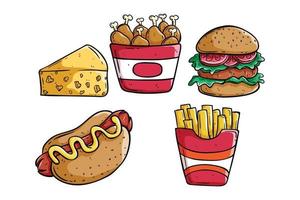 conjunto de sabrosa comida rápida con estilo dibujado a mano o boceto vector