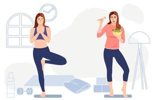 una mujer sana hace ejercicio con yoga y come una ensalada, controla el peso, la ilustración vectorial del concepto de estilo de vida saludable. vector