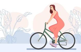 una joven agradable está montando en bicicleta, estilo de vida activo, ejercicio cardiovascular, ilustración de vectores de dibujos animados.