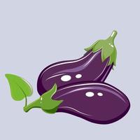 Two dark violet eggplants show reflex of light and a little green leaf. Flat vector, isolate image. vector