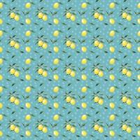 Seamless yellow lemons pattern. Blue color background, juicy lemons, white flowers and green leaves.  Flat vector texture. Beautiful print for textiles and wallpaper.