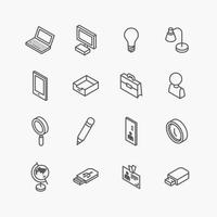 iconos de equipos de oficina isométrica línea plana. elemento objeto trabajo diseño vector conjunto