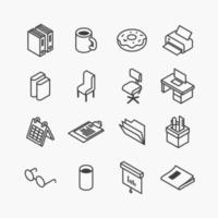 iconos de equipos de oficina isométrica línea plana. elemento objeto trabajo diseño vector conjunto