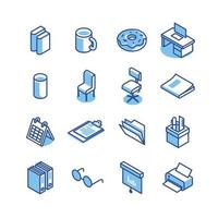 isometric office equipment icons flat line. element object work design vector set