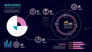 plantilla de etiqueta infográfica vectorial con iconos. neón de icono de negocio en línea. se puede utilizar para infografías, diagramas de flujo, presentaciones, sitios web, pancartas, materiales impresos. vector