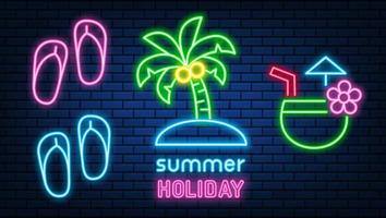 Neon hello summer signs glowing color shining led or halogen lamps frame banners. on brick wall vector set.