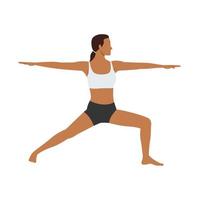 Woman doing warrior II pose virabhadrasana II exercise. Flat vector illustration isolated on white background