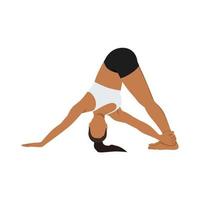 Woman doing revolved downward facing dog pose parivrtta ado mukha svanasana exercise. Flat vector illustration isolated on white background