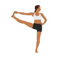 mujer haciendo ejercicio de mano extendida al dedo gordo del pie utthita hasta padangusthasana. ilustración vectorial plana aislada sobre fondo blanco vector