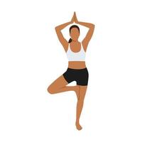 Woman doing tree pose vrksasana exercise. Flat vector illustration isolated on white background