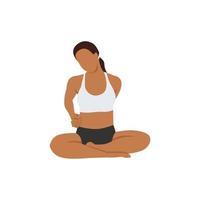 mujer haciendo pose fácil con ejercicio de sukhasana de estiramiento de oreja a hombro. ilustración vectorial plana aislada sobre fondo blanco vector