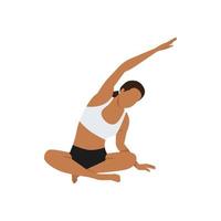 mujer haciendo ejercicios de parsva sukhasana con postura de flexión lateral sentada. ilustración vectorial plana aislada sobre fondo blanco vector