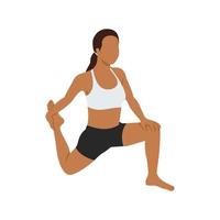 mujer haciendo ejercicio de estiramiento cuádruple de estocada baja anjaneyasana. ilustración vectorial plana aislada sobre fondo blanco vector