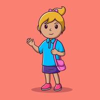 niña linda de dibujos animados agitando la mano con una bolsa, ilustración de dibujos animados vectoriales, imágenes prediseñadas de dibujos animados vector