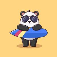 Cartoon panda holding surfboard, Cute cartoon panda at summer party, vector cartoon illustration