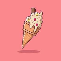 derretir bolas de helado en cono de gofre, helado de dibujos animados en vacaciones de verano, ilustración de dibujos animados vectoriales