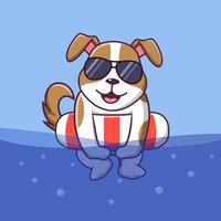 caricatura de perro lindo con anillo inflable, perro de caricatura lindo en la fiesta de la piscina de verano, ilustración de caricatura vectorial vector