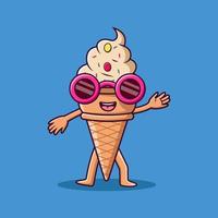 Colorful ice cream cartoon character with legs and hands using glasses, Cartoon ice cream in summer holiday, vector cartoon illustration