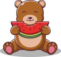 Cute Teddy bear cartoon eating watermelon, Cartoon bear in summer holiday, vector cartoon illustration