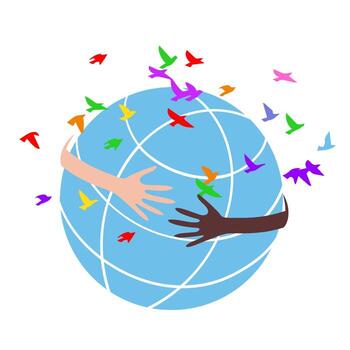 Concept of a volunteer with hands of different skin tones forming a circle around the globe. vector