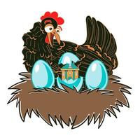 A laying hen laid an egg with a human baby. Funny vector illustration of a handmade comic style.