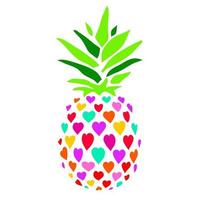 Pineapple vector illustration. Multicolored pineapple in hearts on white background.