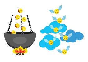 Characters in a boiling pot and emoticons with wings on clouds. Hell and Heaven vector