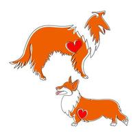 Two dogs in the style of linear art. Breed of dogs collie and Pembroke Welsh Corgi. vector