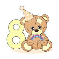 Number eight and teddy bear, baby birthday card on white isolated background, cute cartoon character and number eight, textile print, packaging, party invitation vector illustration