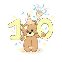 Number ten and teddy bear, baby birthday card on white isolated background, cute cartoon character and number ten, textile print, packaging, party invitation vector illustration