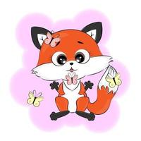 Cartoon red fox with butterflies, funny character, isolated vector illustration, forest animals, textile print, postcard, packaging, poster