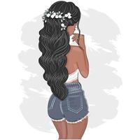 Hand-drawn beautiful young brunette woman with luxurious hair, stylish girl in summer clothes. tanned girl in shorts, sketch, textile print, vector illustration.