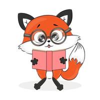 Cartoon red fox reading a book, funny character, isolated vector illustration, forest animals, textile print, postcard, packaging, poster